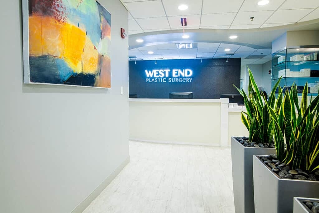 Modern plastic surgery office reception area.